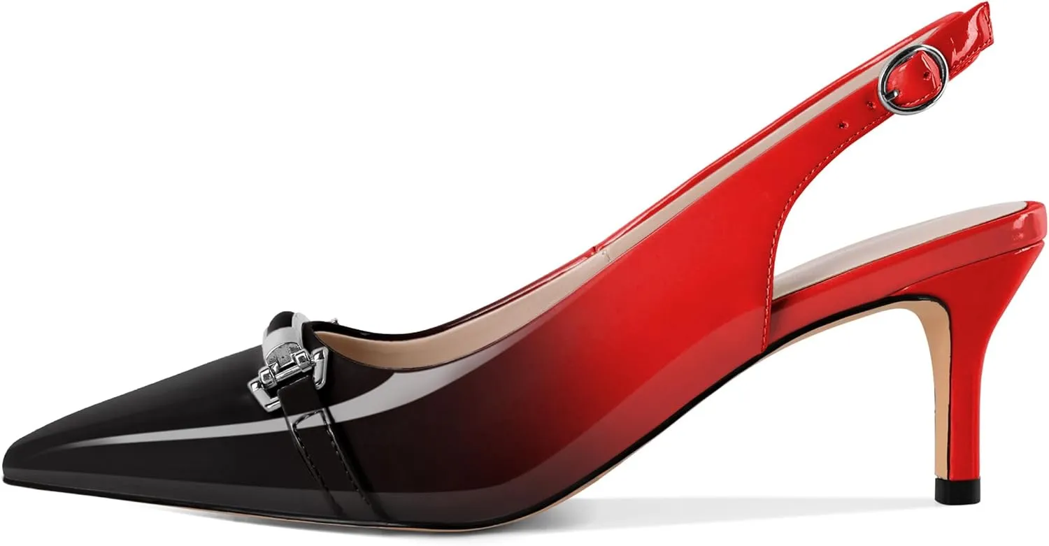 YODEKS Women's Slingback Heels Pointed Toe Low Heel Pumps Silver Buckle 2.5 Inch Shoes Patent Size 5-13