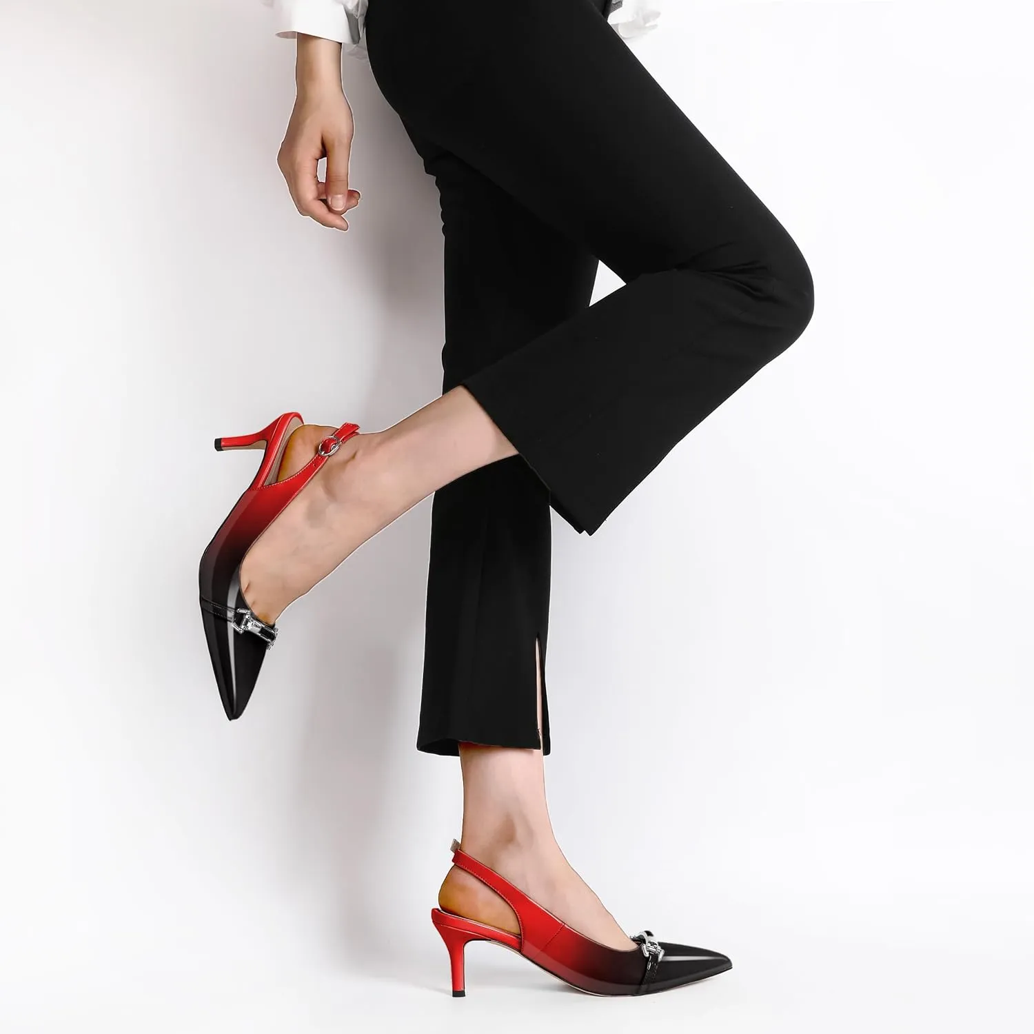YODEKS Women's Slingback Heels Pointed Toe Low Heel Pumps Silver Buckle 2.5 Inch Shoes Patent Size 5-13