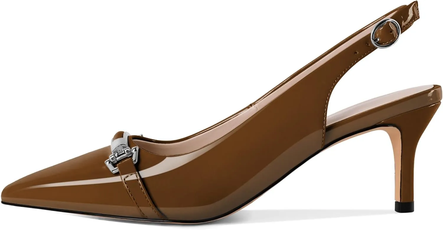 YODEKS Women's Slingback Heels Pointed Toe Low Heel Pumps Silver Buckle 2.5 Inch Shoes Patent Size 5-13