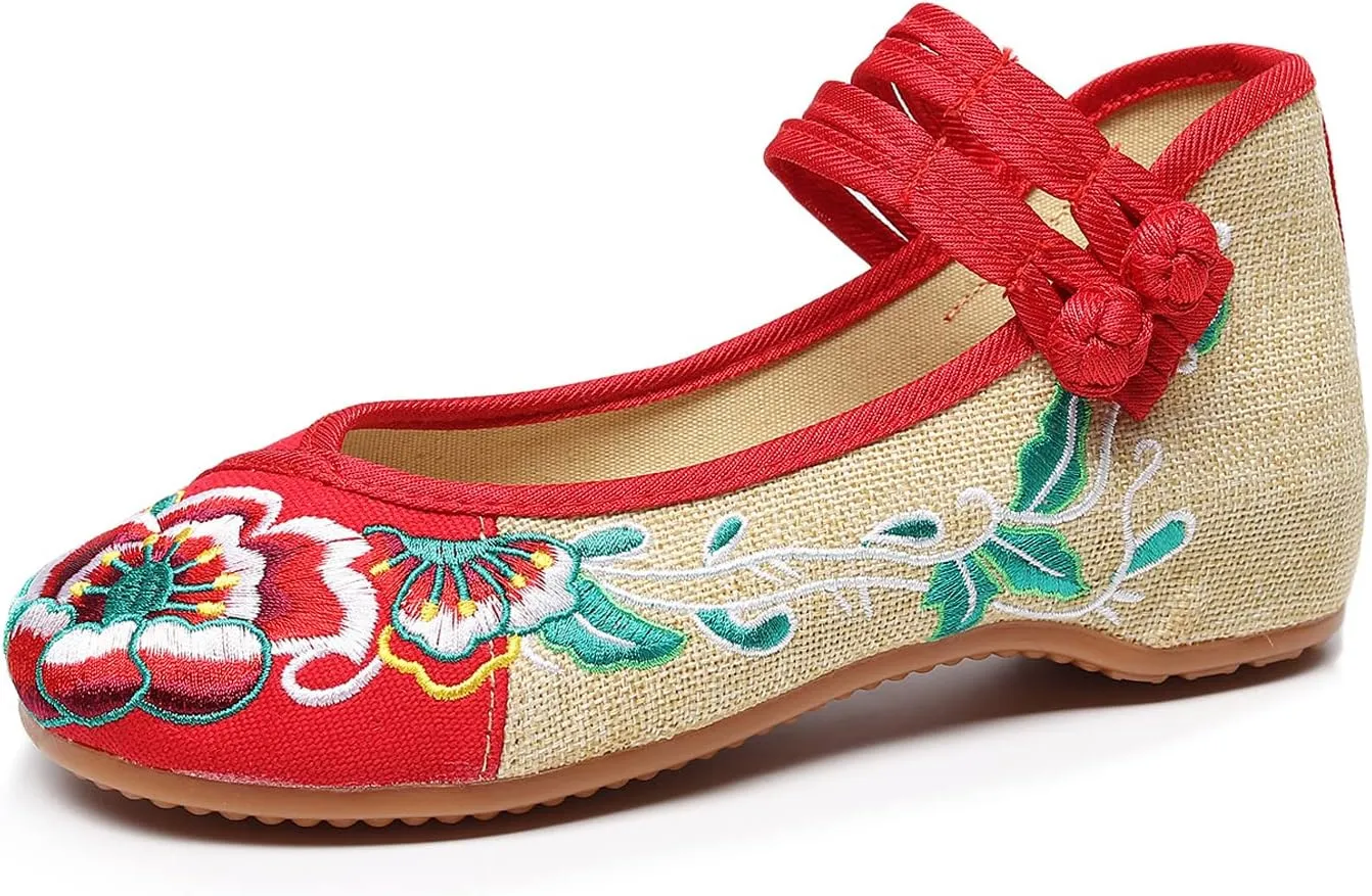 YunPeng Women Mary Jane Flat Shoes Casual Chinese Traditional Embroidered Ballet Canvas Shoes