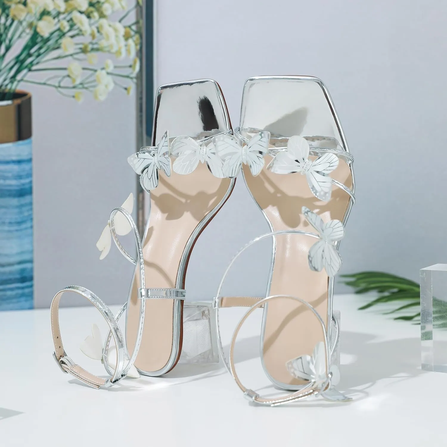 Zamikoo Women's Heeled Sandals Square Open Toe Ankle Strap Block Heels Strappy Clear Heels Chunky Low Heels