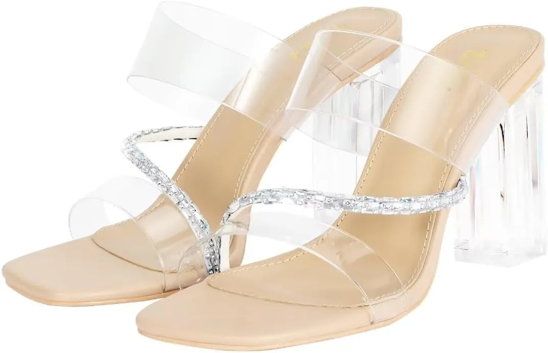 ZriEy Clear Block Sandals Chunky Heels for Women 3.74 Inch High Heels Open Toe Weddings Parties Daily Wear Pump Sandals