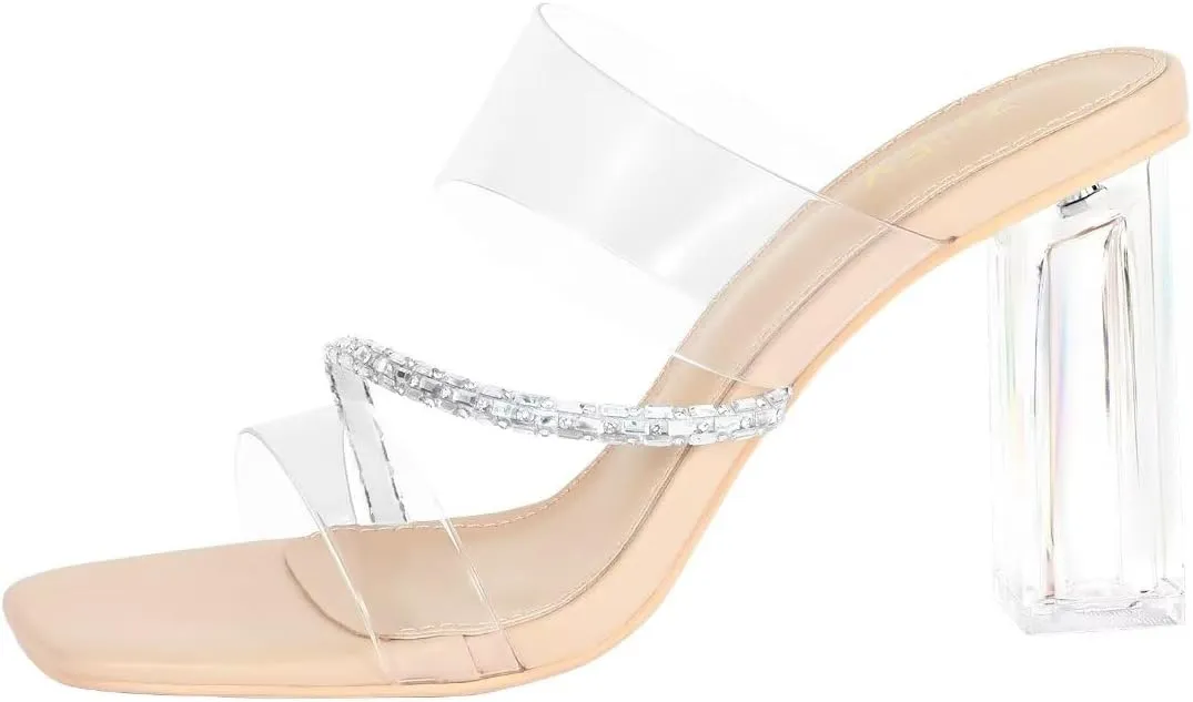 ZriEy Clear Block Sandals Chunky Heels for Women 3.74 Inch High Heels Open Toe Weddings Parties Daily Wear Pump Sandals
