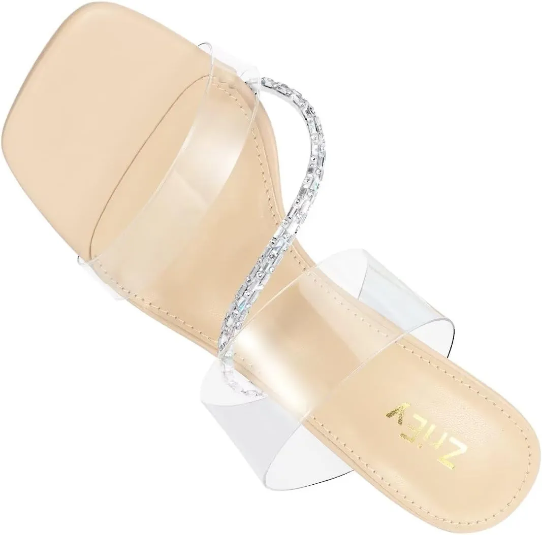 ZriEy Clear Block Sandals Chunky Heels for Women 3.74 Inch High Heels Open Toe Weddings Parties Daily Wear Pump Sandals